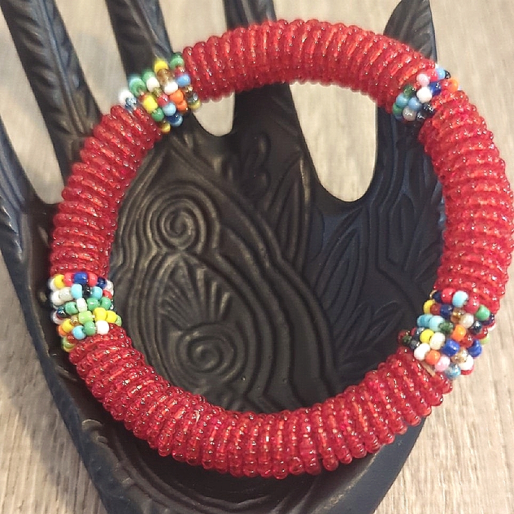 Artisan African Maasai Red Multi Seed Beaded Bangle Bracelet